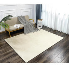 Beige tapijt op houten vloer in een lichte woonkamer met bank en decoratie