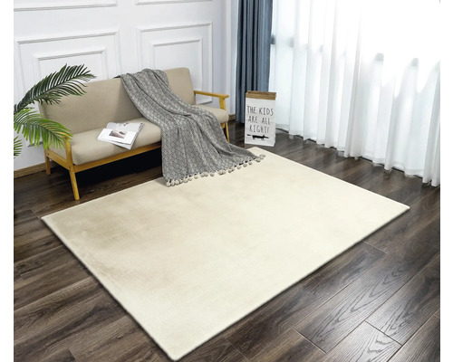 Beige tapijt op houten vloer in een lichte woonkamer met bank en decoratie