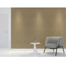 Kamerweergave met wandpanelen, fauteuil en tafel