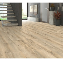 Interieur met lichte laminaatvloer, trap en decoratie