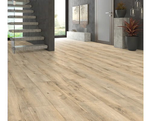 Interieur met lichte laminaatvloer, trap en decoratie
