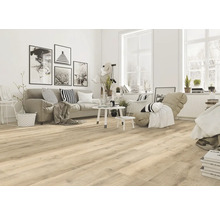 Lichte woonkamer met bank, tafel, stoel en houten vloer.