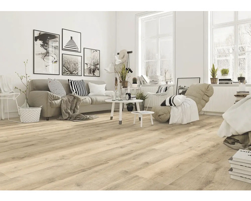 Lichte woonkamer met bank, tafel, stoel en houten vloer.
