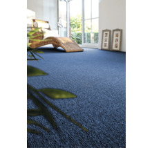 Woonkamer met blauwe vloerbedekking en rotan ligstoel