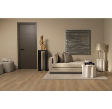 Woonkamer met bank, tafel, lamp, deur en decoraties in neutrale kleuren voor een lichte en georganiseerde sfeer.