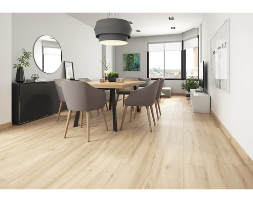 Lichte woonkamer met houten vloer, eettafel en stoelen