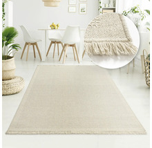 Beige vloerkleed met franjes in een lichte eetkamer.