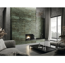 Moderne woonkamer met open haard en wandtegels met steeneffect voor een stijlvolle ambiance