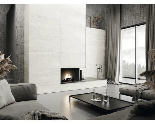 Woonkamer met open haard, betegelde wand, bank en raampartij voor een moderne woonsfeer.