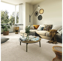 Woonkamer met tapijt, bank, tafel en decoraties