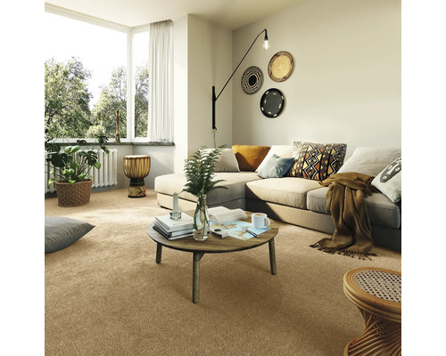 Woonkamer met beige tapijtvloer, hoekbank en decoraties