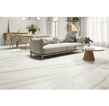 Lichte woonkamer met marmerlook vloertegels, bank, tafel en stoelen.