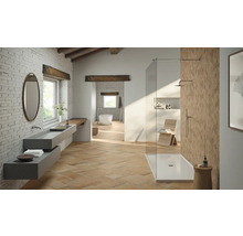 Badkamer met douche, wastafel, spiegel en ligbad in licht design