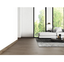 Lichte woonkamer met houten vloer, bank, tapijt en ramen