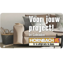 Decoratieve woonkamer met bank, kussens en decoratieve afvalbak en Hornbach Logo