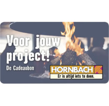 Hornbach cadeaubon voor projecten met een afbeelding van een brandend vuur in een vuurschaal.