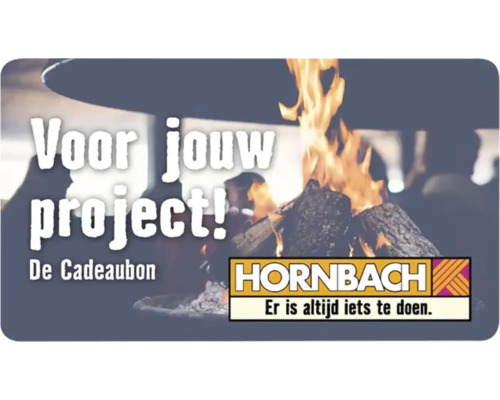Hornbach cadeaubon voor projecten met een afbeelding van een brandend vuur in een vuurschaal.