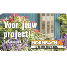 Hornbach cadeaubon met een insectenhotel aan een blauwe houten wand, omringd door bloeiende tuinplanten.