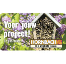 Hornbach Cadeaubon met een insectenhotel, bloeiende seringen, de tekst Voor jouw project en het Hornbach Logo.