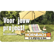 Hornbach cadeaubon voor tuinprojecten met een houten pallet ligstoel, kleurrijk kussen en parasol. Hornbach Logo.