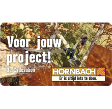 Hornbach Cadeaubon met een tuinman die een takkenzaag op steel gebruikt in een boom.