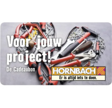 Hornbach cadeaukaart met gereedschap en bevestigingsmiddelen gerangschikt in de vorm van een hart en Hornbach logo.
