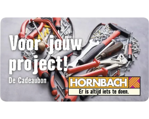 Hornbach cadeaukaart met gereedschap en bevestigingsmiddelen gerangschikt in de vorm van een hart en Hornbach logo.