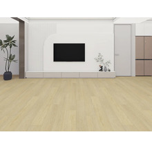 Woonkamer met lichte houten vloer, televisie en decoratie