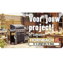 Cadeaubon voor jouw project met een gasbarbecue op een terras bij een houten tuinhuis en Hornbach Logo.