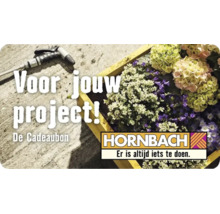 Hornbach Logo. Hornbach cadeaubon voor jouw project met een houten plantenbak vol bloemen en een tuinspuit op beton.