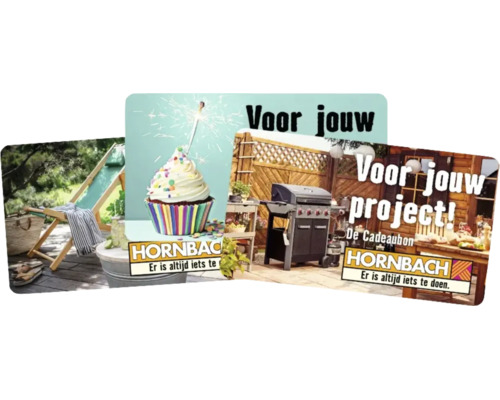 Drie Hornbach cadeaukaarten met afbeeldingen van een gasbarbecue in een tuin, een cupcake met een sterretje en een tuinstoel. Drie Hornbach cadeaukaarten met afbeeldingen van een gasbarbecue in een tuin, een cupcake met een sterretje en een tuinstoel.