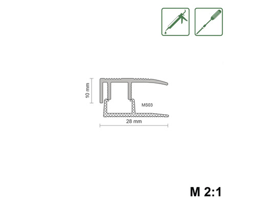 Profieltekening van een 28 mm breed en 10 mm hoog overgangsprofiel
