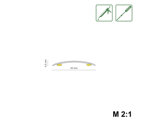 Profielstrip met de afmetingen 4,5 mm hoogte en 40 mm breedte, inclusief montagesymbolen