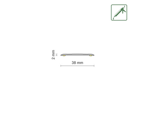 Technische tekening van een profiel met de afmetingen 2 mm hoogte en 38 mm breedte. Symbool voor montagelijm.