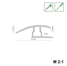 Technische tekening van een overgangsprofiel met afmetingen 45 mm breed en 11 mm hoog