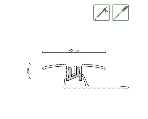 Profielstrip met afmetingen: 40 mm breed en 9 mm hoog