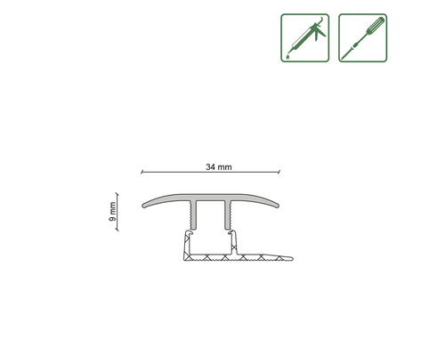 Profieltekening van een overgangsprofiel met de afmetingen 34 mm breed en 9 mm hoog