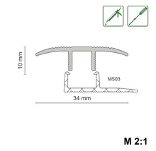 Technische tekening van een overgangsprofiel met de afmetingen 10 mm hoog en 34 mm breed.