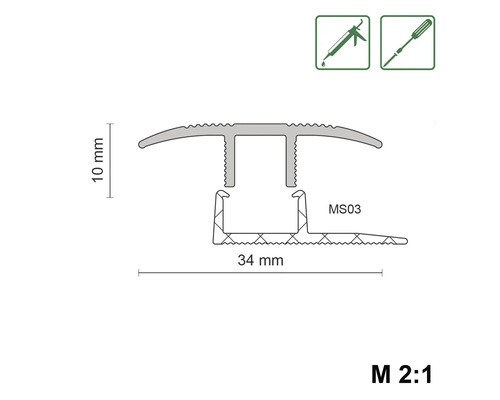 Technische tekening van een overgangsprofiel met de afmetingen 10 mm hoog en 34 mm breed.