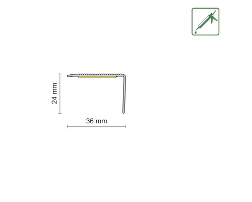 Profieltekening van een trapkantprofiel met de afmetingen 24 mm hoogte en 36 mm lengte. Symbool voor montage met lijm.