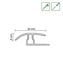 Technische tekening van een overgangsprofiel met de afmetingen 34 mm breed en 8 mm hoog.