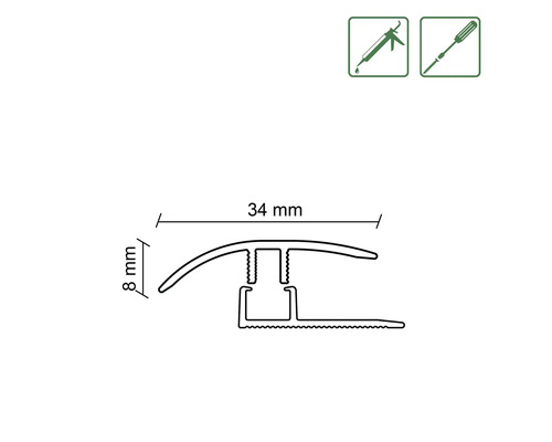 Technische tekening van een overgangsprofiel met de afmetingen 34 mm breed en 8 mm hoog.