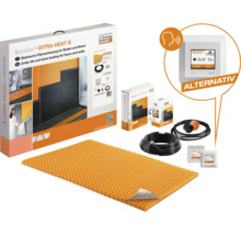 Schlüter-DITRA-HEAT-E set voor elektrische vloer- en wandverwarming met ontkoppelingsmat, verwarmingskabels en digitale thermostaat.
