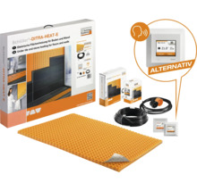 Schlüter-DITRA-HEAT-E set voor elektrische vloer- en wandverwarming met ontkoppelingsmat, verwarmingskabel en digitale thermostaat.