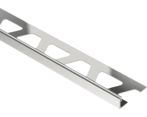 Metalen tegelprofiel met trapeziumvormige perforaties voor de afwerking van tegelranden.