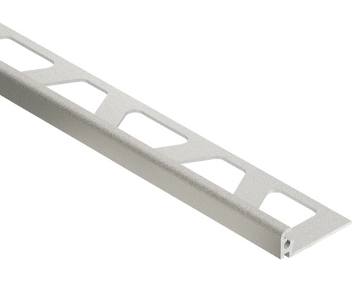 Aluminium tegelprofiel met gestructureerd oppervlak en trapeziumvormige gaten voor randafwerking.