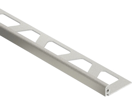 Tegelprofiel afsluitprofiel van aluminium met gestructureerd oppervlak en geperforeerde bevestigingsvleugel.