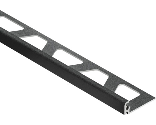 Zwart tegelprofiel hoekprofiel van aluminium met gestructureerd oppervlak en geperforeerde zijde.