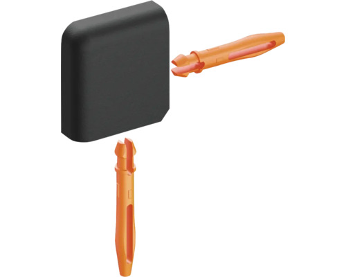 Set kunststof verbindingselementen met zwarte afdekkap en twee oranje spreidnagels voor bevestiging.
