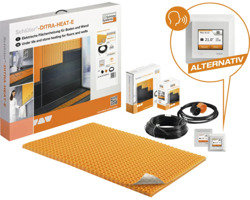 Schlüter-DITRA-HEAT-E elektrische vloerverwarming set met ontkoppelingsmat, verwarmingskabels en digitale thermostaat.